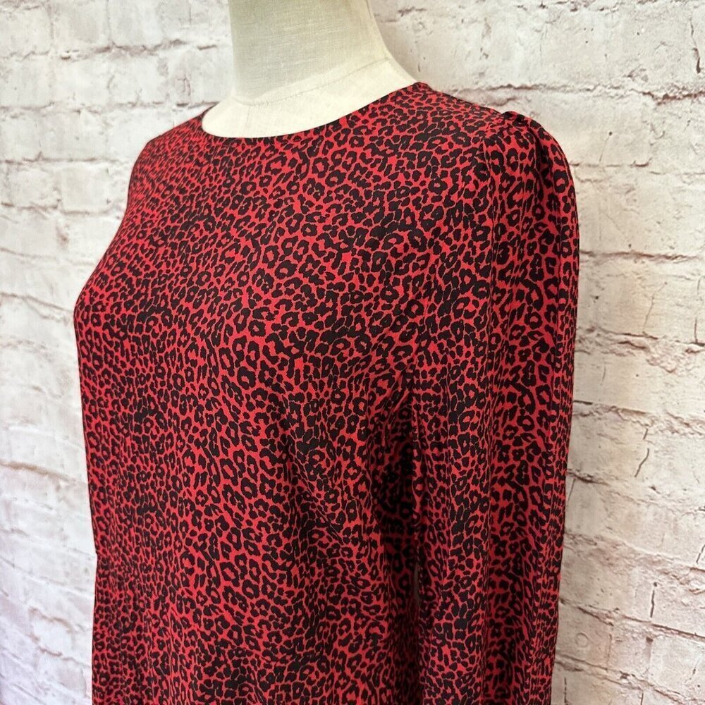 LOFT Womens Midi Dress Size 4 Red Animal Print Cheetah Long Sleeve Side Slit NEW - Picture 7 of 11